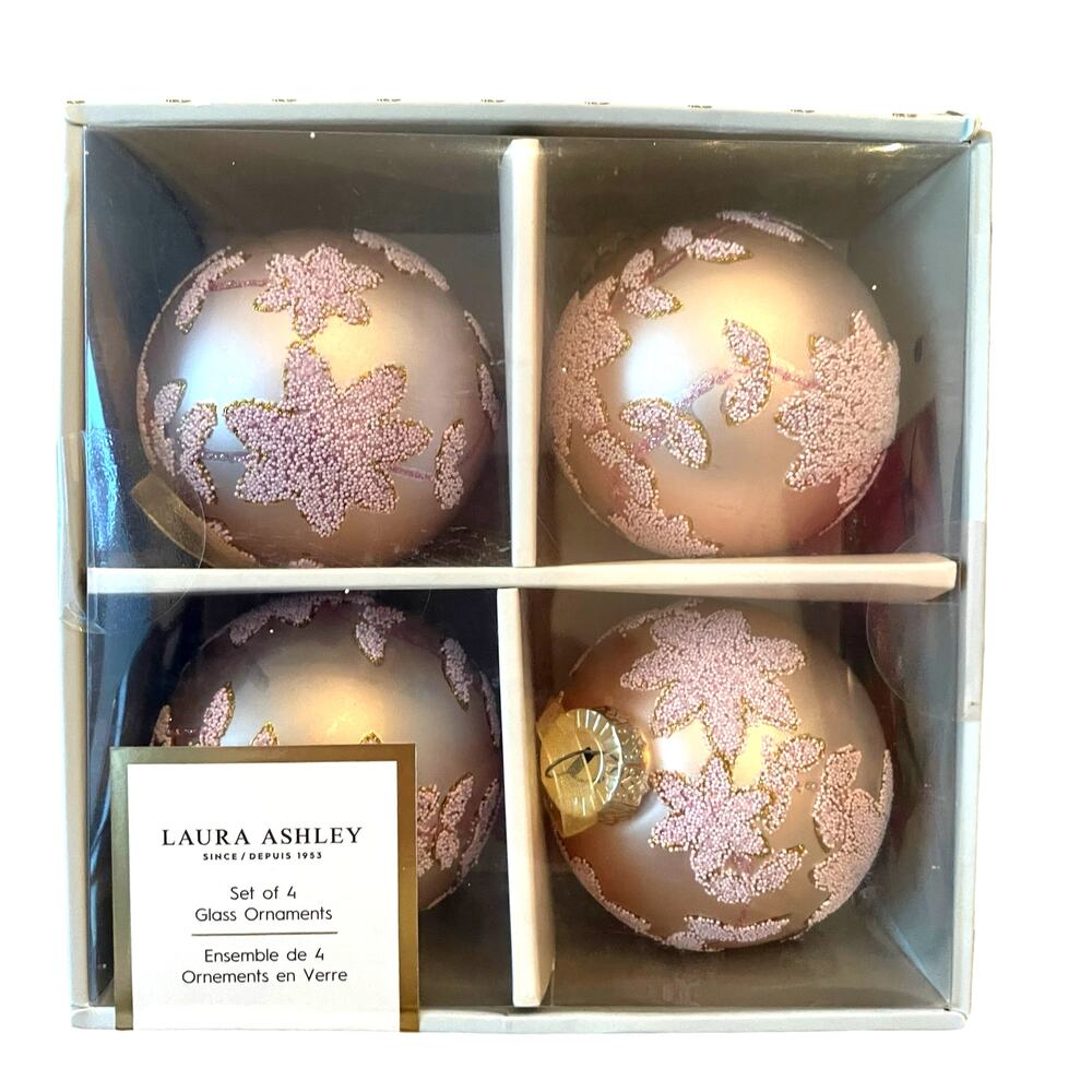 Laura Ashley Pink Beaded Glass Christmas Ornaments 3in Set of 4 Holiday Glam NEW